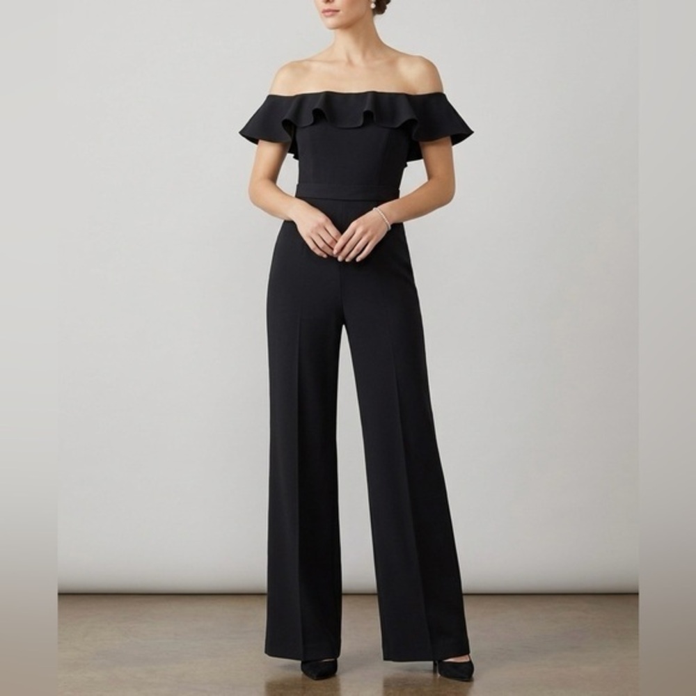 JAY GODFREY Biondi Black Off The Shoulder Ruffle Wide Leg Jumpsuit